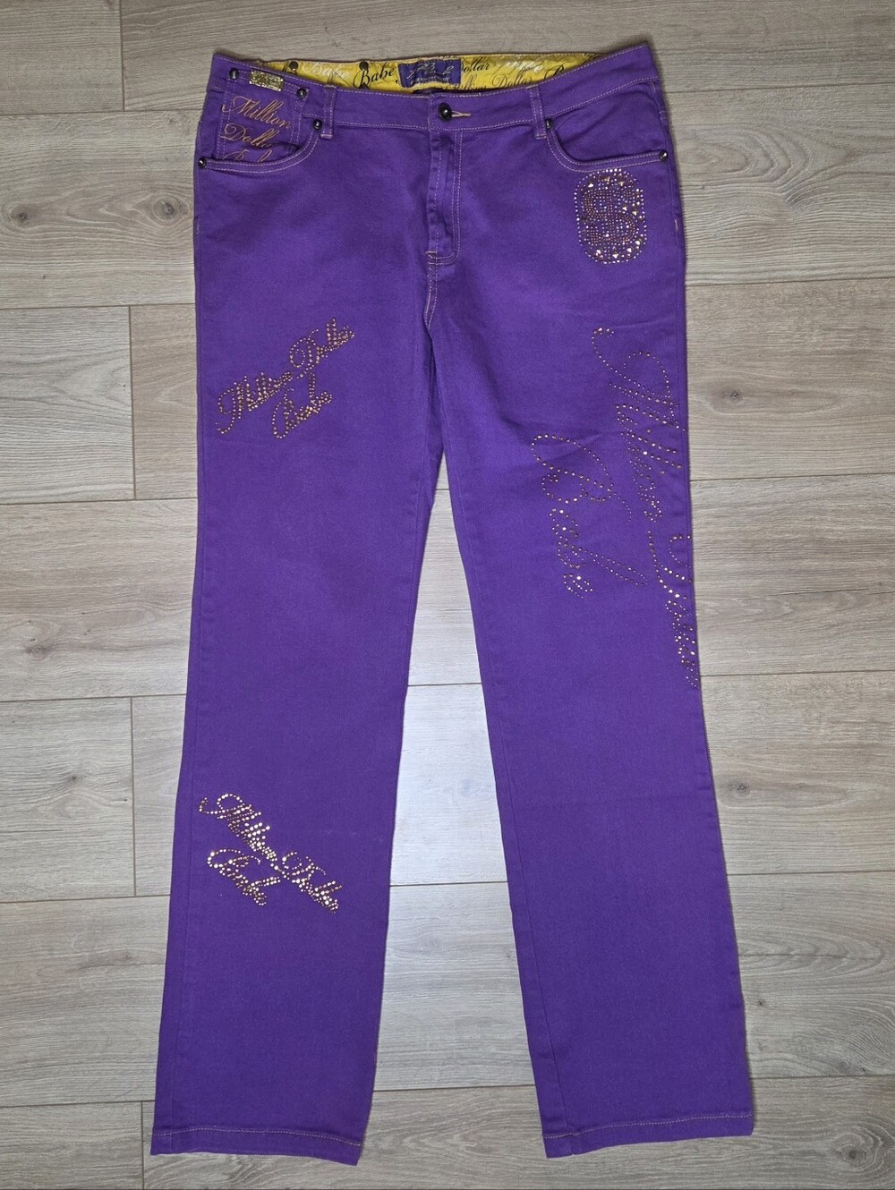 Y2K Purple Rhinestone Million Dollar Babe Jeans McBling Straight Leg Streetwear